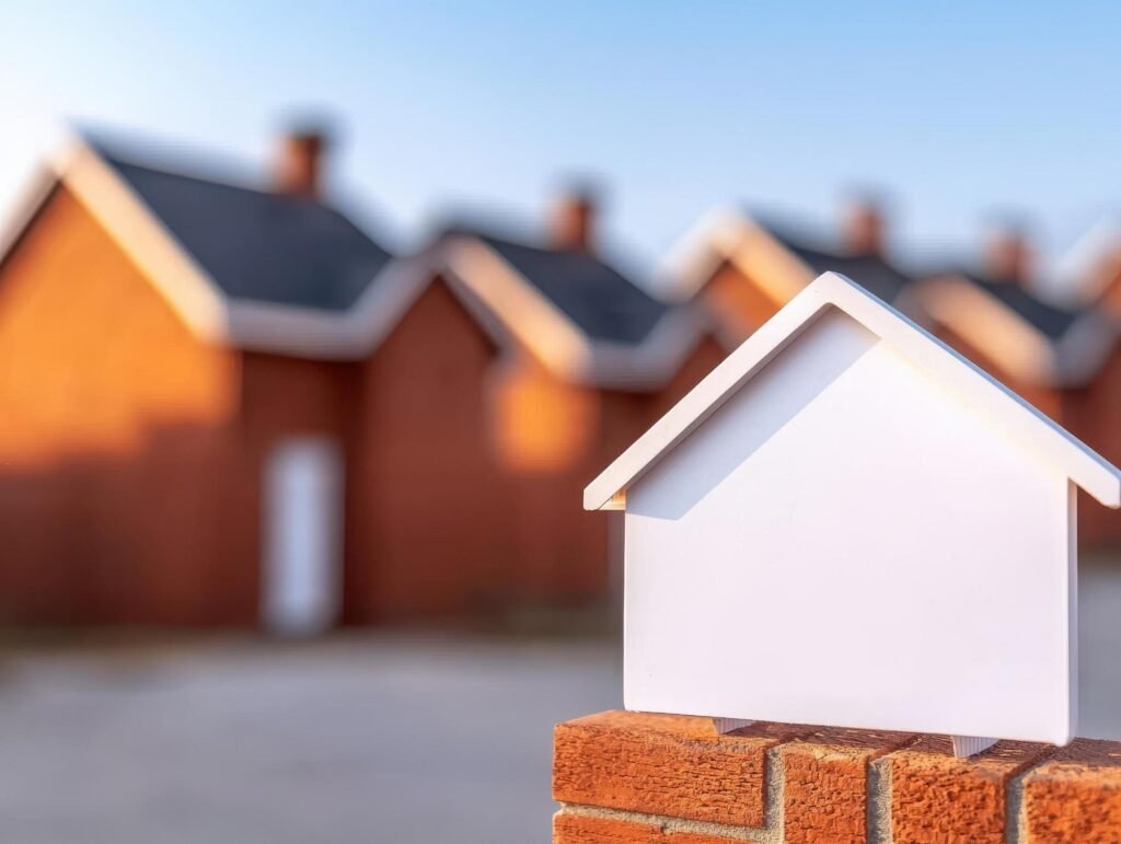 a wooden carving of a house placed onto a wall outside a row of houses