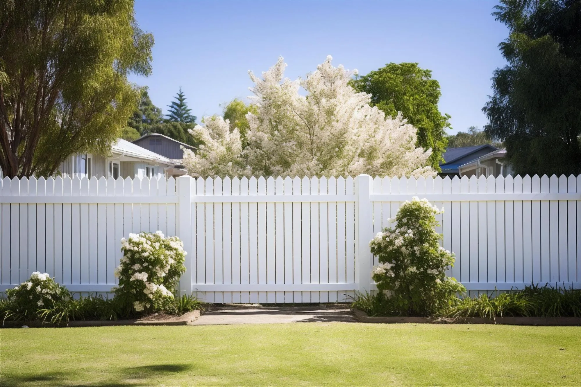 a peaceful residential scene presenting a clear boundary using wooden fences which surround both properties while blooming gardens thrive between them.
