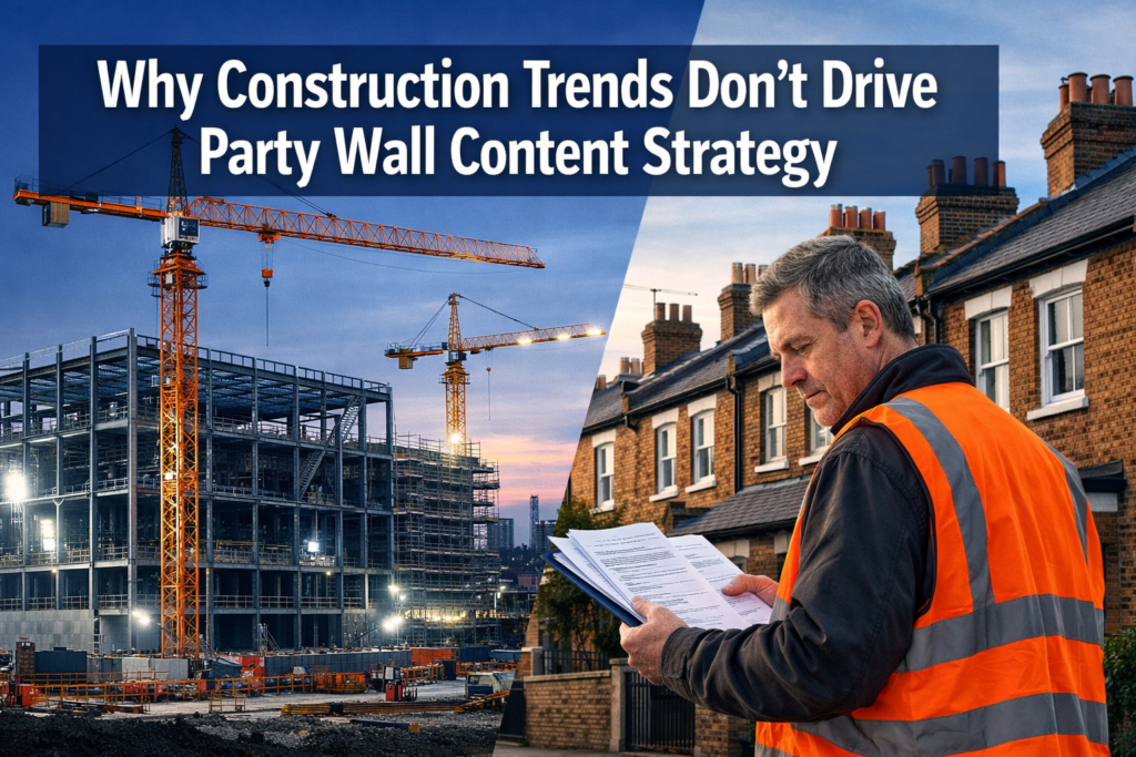 The construction trends mentioned (data center booms, tariff impacts, labor shortages) don't directly inform party wall surveyor content strategy