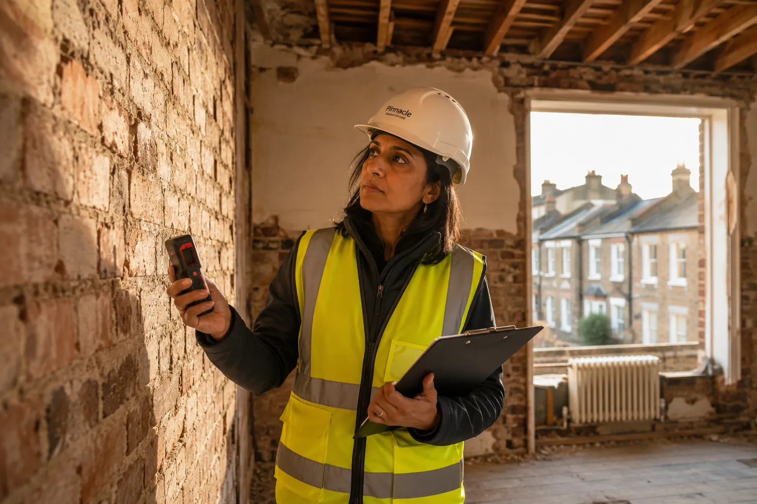 RICS surveyor examining a shared brick party wall in a London terrace under Building Safety Act reforms