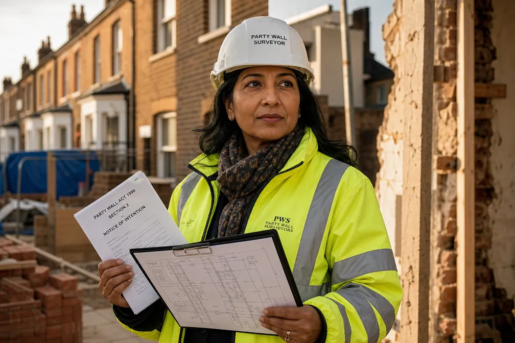Party wall surveyor reviewing notices and drawings at a London excavation site