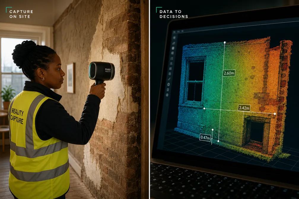 Surveyor using 3D laser scanning to capture a party wall with point cloud data