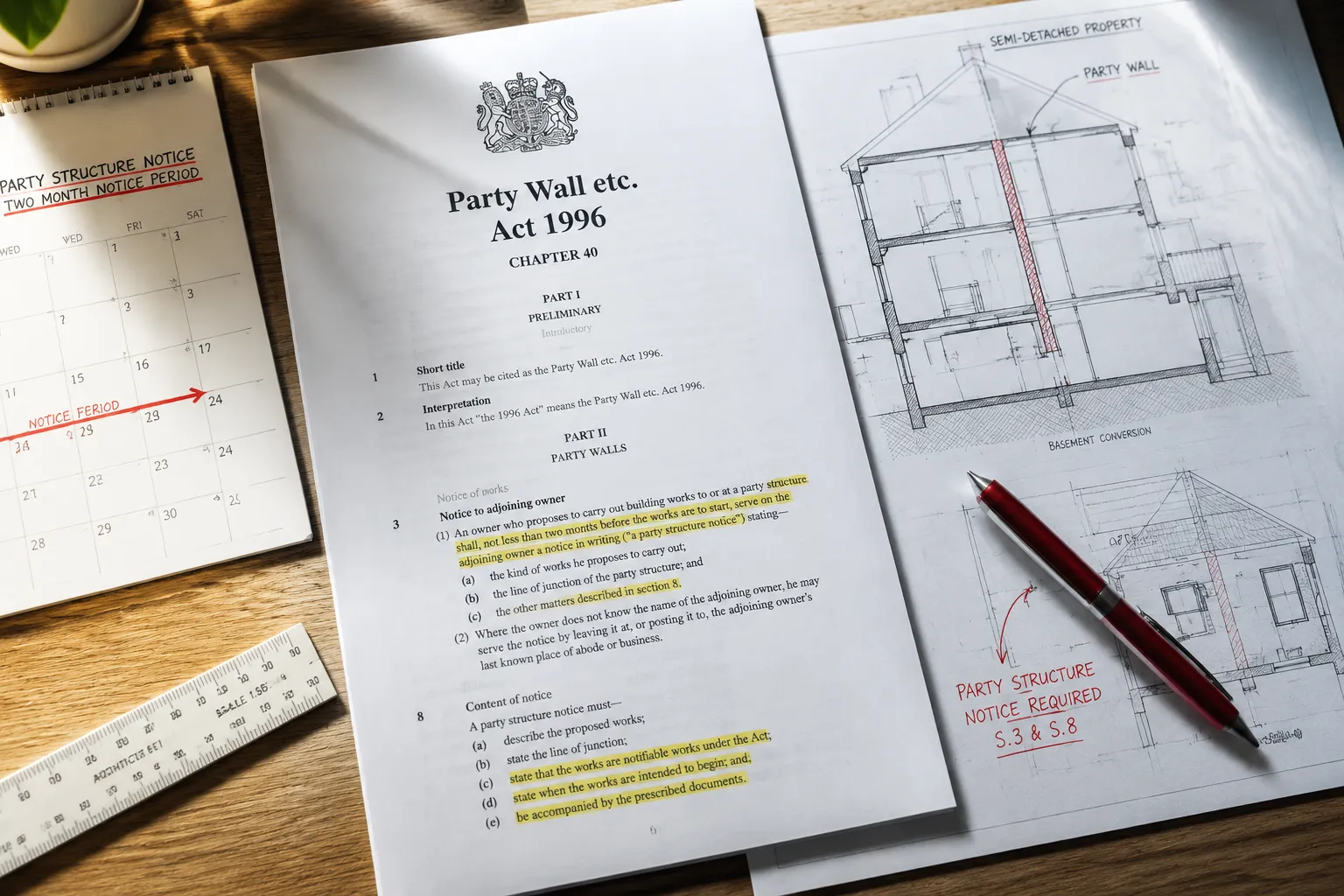 Party Wall etc. Act 1996 document with architectural drawings for a London basement conversion