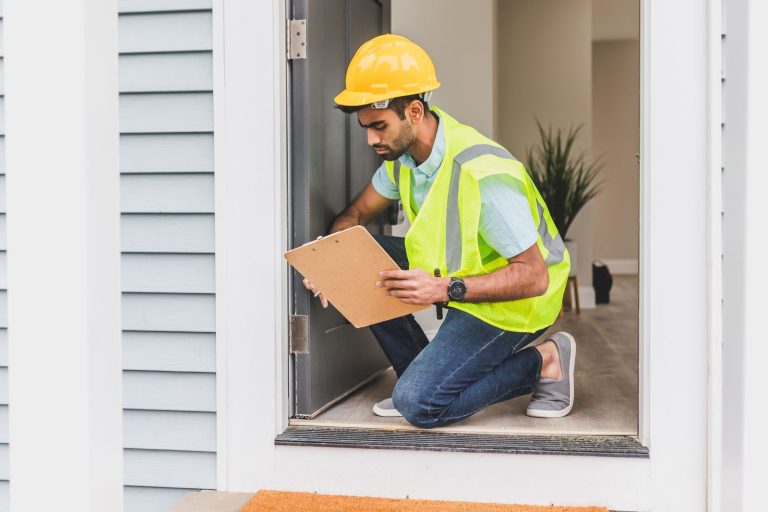 Surveyor inspecting a property window and structure