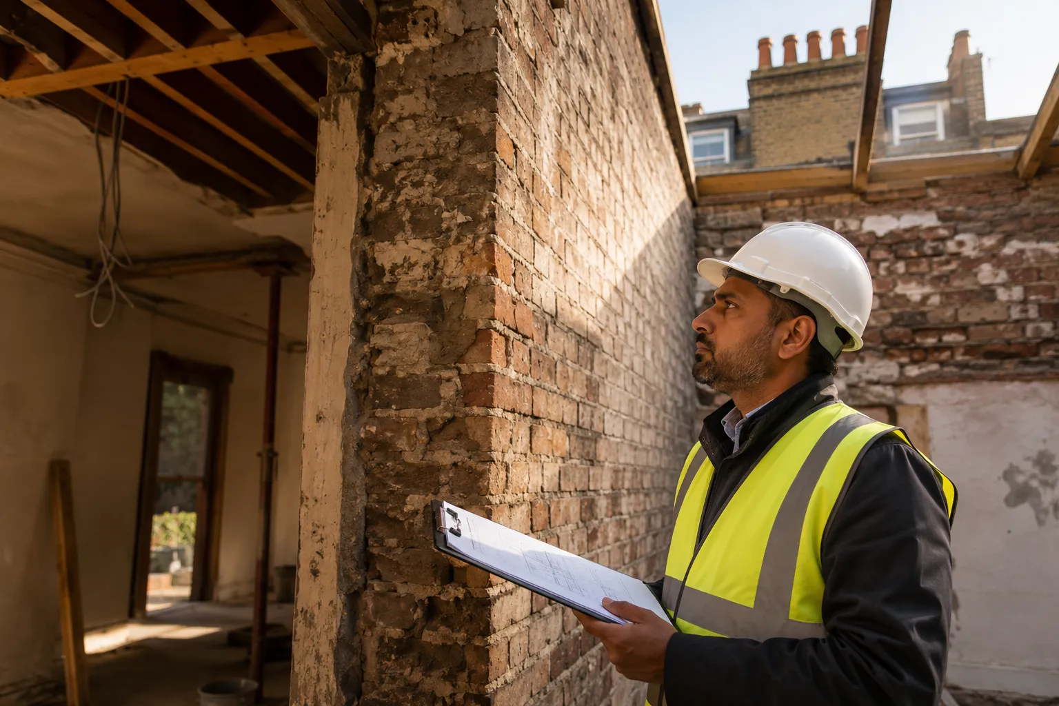 Editorial (): A professional male surveyor in his 40s, South Asian, wearing a hard hat and hi-vis vest, standing beside a