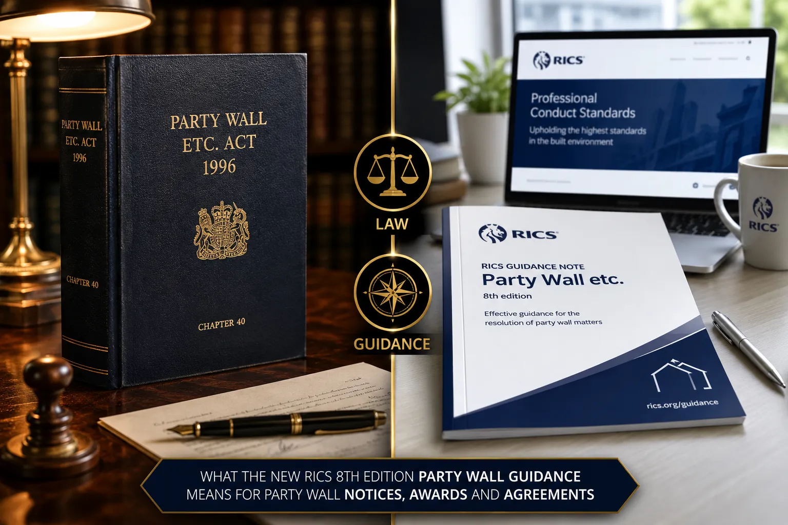 Split-screen editorial comparison showing professional best-practice versus legal statute: left half features a dark navy